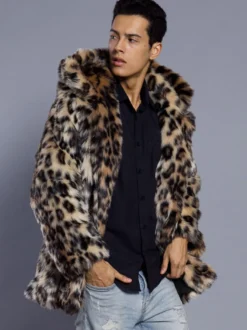 Manteaux En Fausse Fourrure Marron Foncé Hiver Chaud Hommes Veste Manches Longues Col Rabattu Capuche