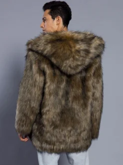 Manteaux En Fausse Fourrure Marron Foncé Hiver Chaud Hommes Veste Manches Longues Col Rabattu Capuche