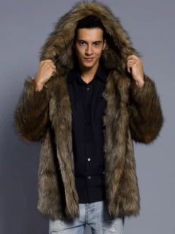 Manteaux En Fausse Fourrure Marron Foncé Hiver Chaud Hommes Veste Manches Longues Col Rabattu Capuche