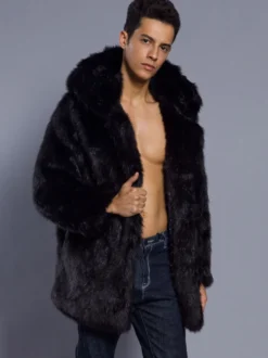 Manteaux En Fausse Fourrure Marron Foncé Hiver Chaud Hommes Veste Manches Longues Col Rabattu Capuche