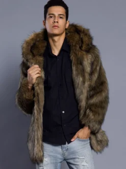 Manteaux En Fausse Fourrure Marron Foncé Hiver Chaud Hommes Veste Manches Longues Col Rabattu Capuche