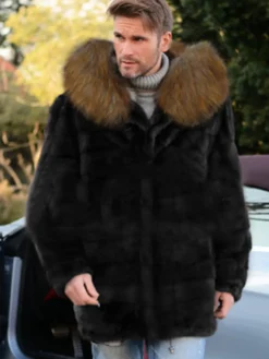 Manteaux En Fausse Fourrure Noir Hiver Chaud Hommes Veste Manches Longues Col Rabattu Capuche