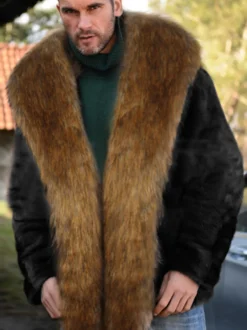 Manteaux En Fausse Fourrure Noir Hiver Chaud Hommes Veste Manches Longues Col Rabattu Épais