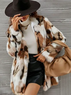 Manteaux Fourré Polaire Veste Femme Bicolore À Manches Longues Marron Café