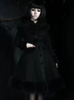 Manteaux gothiques Lolita Manteau noir Pompons Pardessus Polyester Automne Lolita Vêtements d'extérieur
