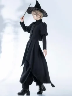 Manteaux gothiques Lolita Manteau noir Nœuds Dentelle Volants Pardessus Polyester Automne Lolita Vêtements d'extérieur