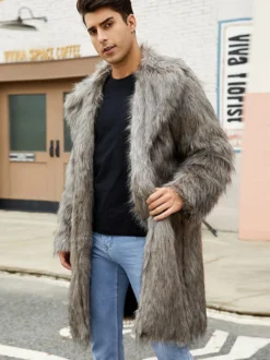 Manteaux Long En Fausse Fourrure Hiver Chaud Hommes Gris Clair Veste Manches Longues Col Rabattu