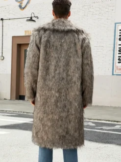 Manteaux Long En Fausse Fourrure Hiver Chaud Hommes Gris Veste Manches Longues Col Rabattu