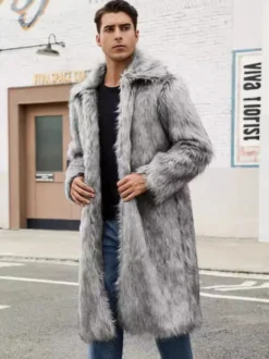 Manteaux Long En Fausse Fourrure Hiver Chaud Hommes Gris Veste Manches Longues Col Rabattu