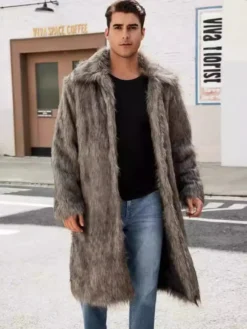 Manteaux Long En Fausse Fourrure Hiver Chaud Hommes Gris Veste Manches Longues Col Rabattu