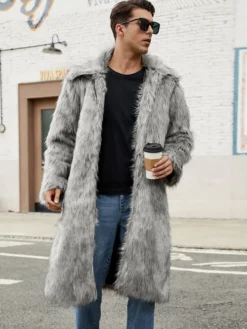 Manteaux Long En Fausse Fourrure Hiver Chaud Hommes Gris Veste Manches Longues Col Rabattu