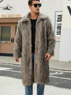 Manteaux Long En Fausse Fourrure Hiver Chaud Hommes Gris Veste Manches Longues Col Rabattu