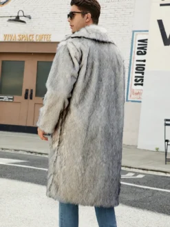 Manteaux Long En Fausse Fourrure Hiver Chaud Hommes Gris Veste Manches Longues Col Rabattu