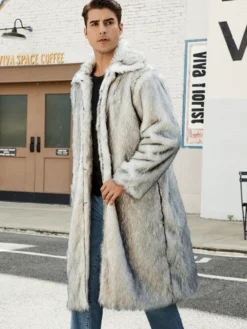 Manteaux Long En Fausse Fourrure Hiver Chaud Hommes Gris Veste Manches Longues Col Rabattu