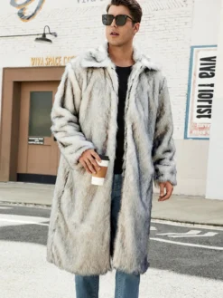 Manteaux Long En Fausse Fourrure Hiver Chaud Hommes Gris Veste Manches Longues Col Rabattu