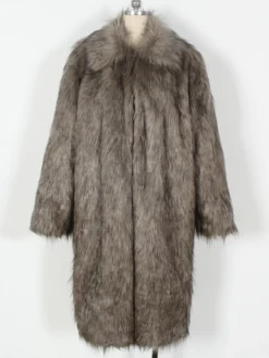 Manteaux Long En Fausse Fourrure Hiver Chaud Hommes Gris Veste Manches Longues Col Rabattu