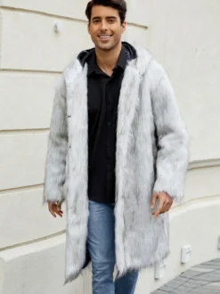 Manteaux Long En Fausse Fourrure Hiver Chaud Hommes Gris Clair Veste Manches Longues Col Rabattu Capuche