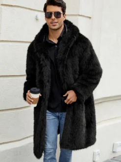Manteaux Long En Fausse Fourrure Hiver Chaud Hommes Gris Clair Veste Manches Longues Col Rabattu Capuche