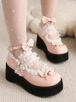 Mignonne Lolita Chaussures Perles Blanches En Cuir PU Cuir Lolita Nœud