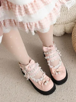 Mignonne Lolita Chaussures Perles Blanches En Cuir PU Cuir Lolita Nœud
