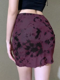 Mini-jupe en résille tie-dye pour femme - Jupe moulante grunge Y2K à ourlet ondulé - Festival d'été 2026