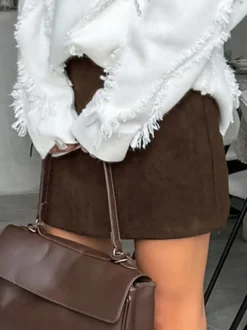 Mini-jupe femme en velours côtelé marron - Coupe rétro taille haute slim trapèze - Collection printemps-été 2026