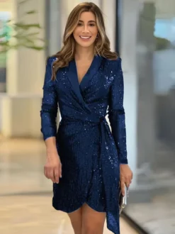 Mini robe blazer à paillettes revers portefeuille col en V manches longues robes de jour