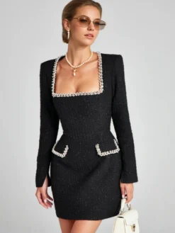 Mini robe à col en U et manches longues pour femme tenue de soirée d'anniversaire semi-formelle 2026