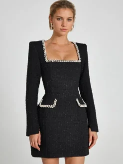 Mini robe à col en U et manches longues pour femme tenue de soirée d'anniversaire semi-formelle 2026