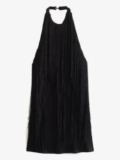 Mini-robe à franges et pompons dos nu et décolleté licou pour soirée 2026