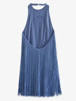 Mini-robe à franges et pompons dos nu et décolleté licou pour soirée 2026