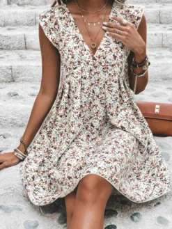 Mini-robes blanches imprimées sans manches pour femmes