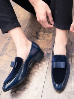 Mocassins belges à enfiler pour hommes bout pointu ruban décoré chaussures Penny mocassins en cuir et daim épissé