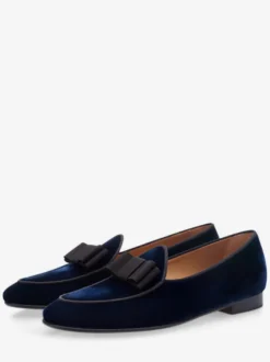 Mocassins belges pour hommes chaussures de soirée en velours bout rond nœud mocassins à enfiler chaussures de bal bleu foncé