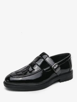 Mocassins à boucle pour homme plateforme tissée en cuir verni à bride en T à enfiler