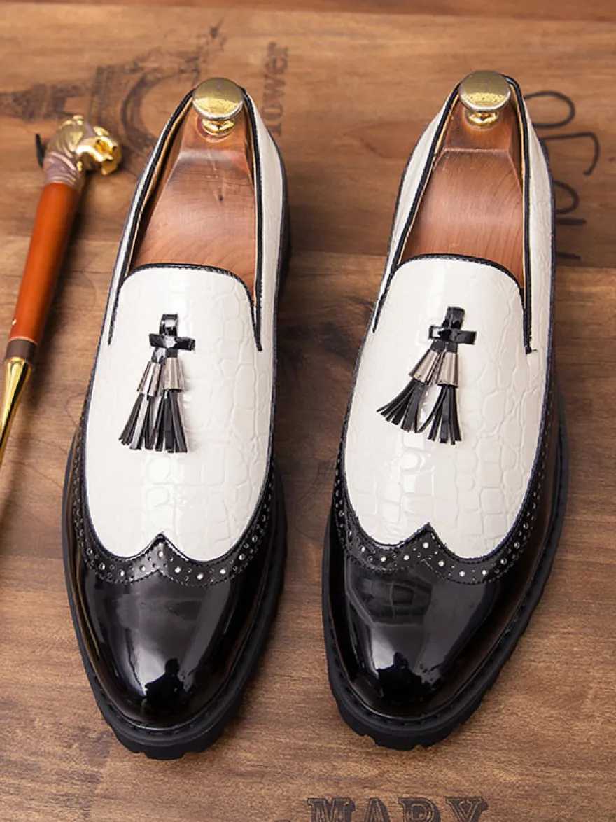 Mocassins à bout d'aile noir et blanc pour hommes Slip-On Chaussures de soirée de bal formelles