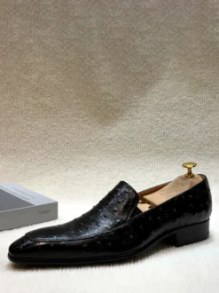 Mocassins habillés bleus en cuir de vachette pour hommes bout rond à enfiler