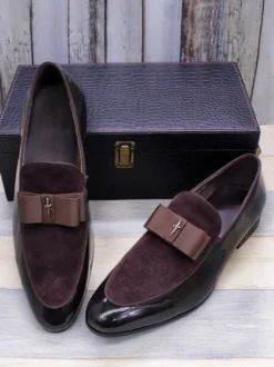 Mocassins habillés pour hommes en cuir véritable bout rond nœud patchwork chaussures de bal à enfiler