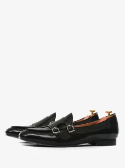 Mocassins habillés à sangle noire pour hommes Chaussures de Mariage Soirée bout rond