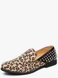 Mocassins homme léopard en daim à bout rond et rivets