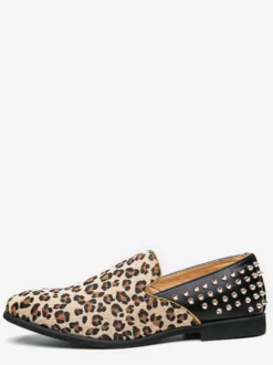 Mocassins homme léopard en daim à bout rond et rivets