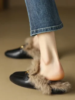 Mocassins mules marron femmes chaussures d'hiver à bout rond fausse fourrure