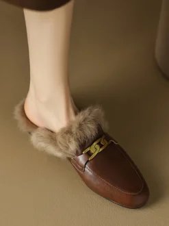 Mocassins mules marron femmes chaussures d'hiver à bout rond fausse fourrure