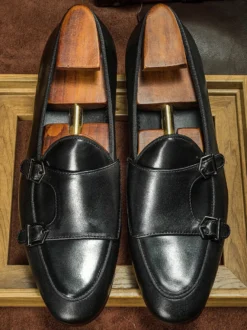 Mocassins noirs à bout rond en cuir véritable pour homme