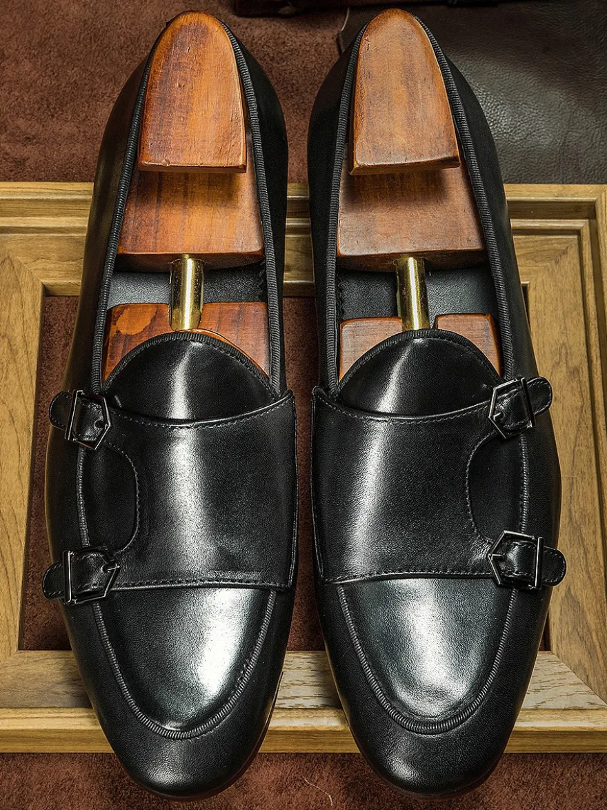 Mocassins noirs à bout rond en cuir véritable pour homme