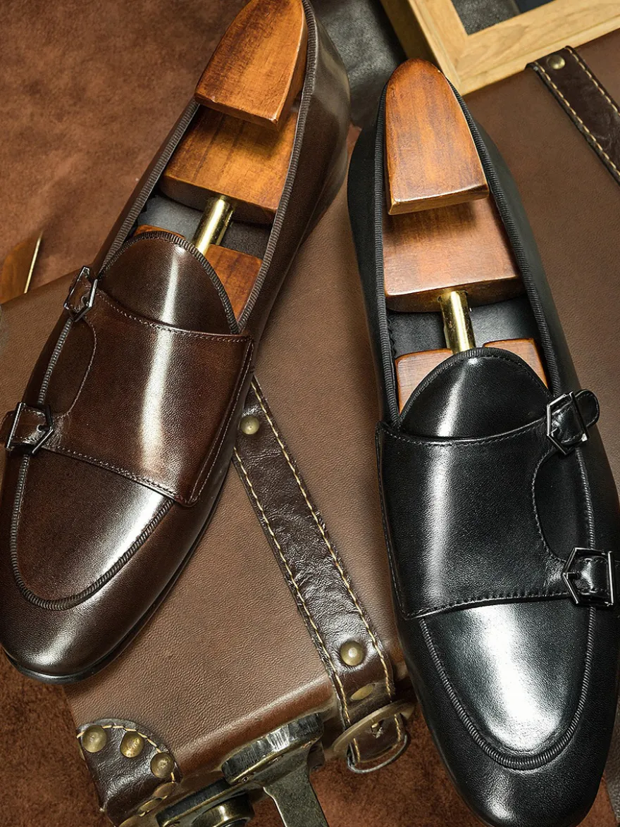 Mocassins noirs à bout rond en cuir véritable pour homme
