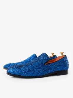 Mocassins à paillettes bleus pour homme bout rond à enfiler chaussures de bal de fête de mariage