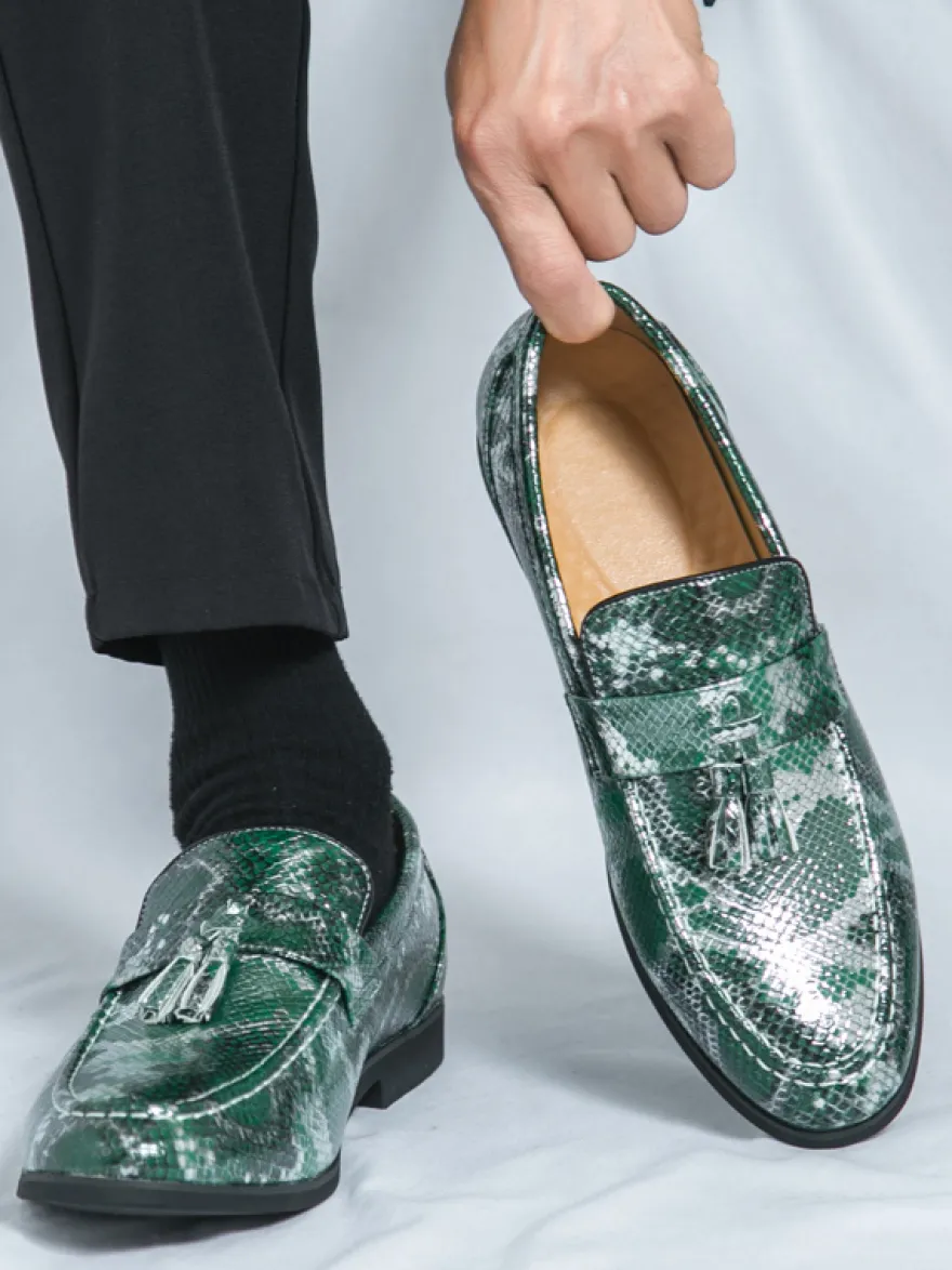 Mocassins à pampilles pour hommes à enfiler en cuir synthétique imprimé poisson bout rond pour bal de promo mariage
