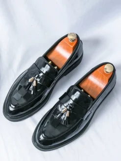 Mocassins à pampilles pour hommes chaussures à enfiler bout pointu style Penny motif épissure verni talons bas chaussures de soirée