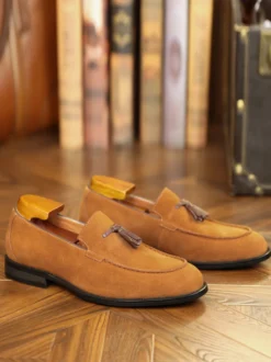 Mocassins à pampilles pour hommes en daim et cuir à bout carré